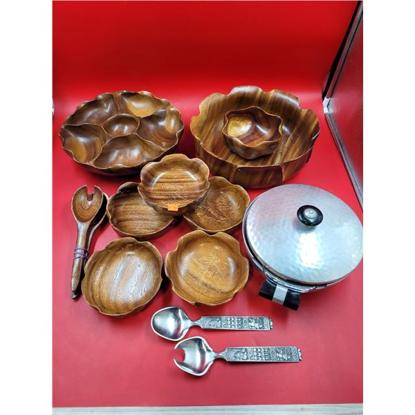 Lot of Mostly Assorted Wooden Serve Ware & Fire-King Food Warmer