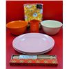 VTG Melamine Dishes (Duraware, Flower Ware, etc.), Porridge Spurtle, & Tablecloth