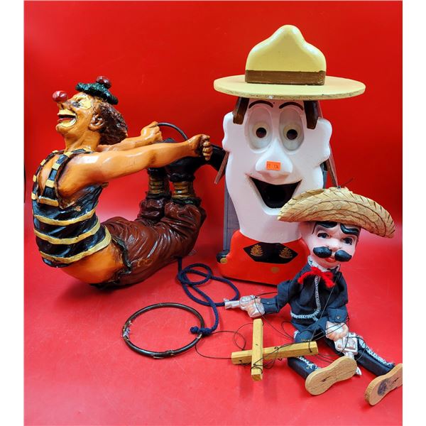 Acrobatic Clown Decor, RCMP Birdhouse, & Marionette Bandito Puppet