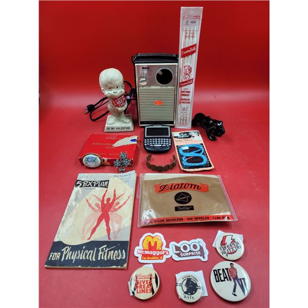 VTG Smalls Lot w/ Assorted Pins, RCA Transistor Radio, Susan Bates Knitting Needles, & More