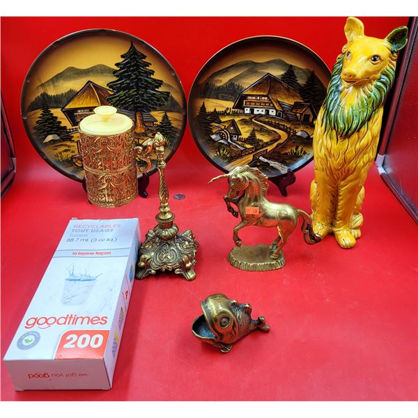 VTG Decor Lot w/ Brass Figurines, Ceramic Figurine Made in Japan, Dixie Cup Dispenser, & More