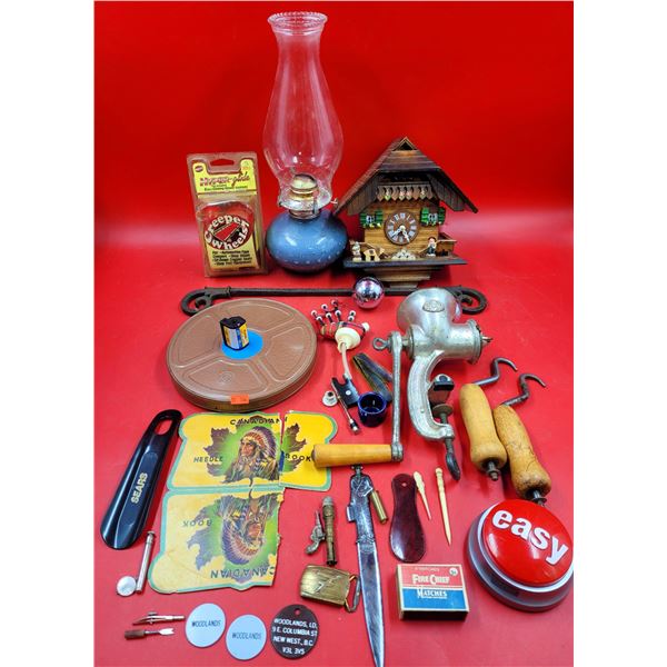 VTG Smalls Lot w/ Oil Lamp, Needle Book, Meat Grinder, & More