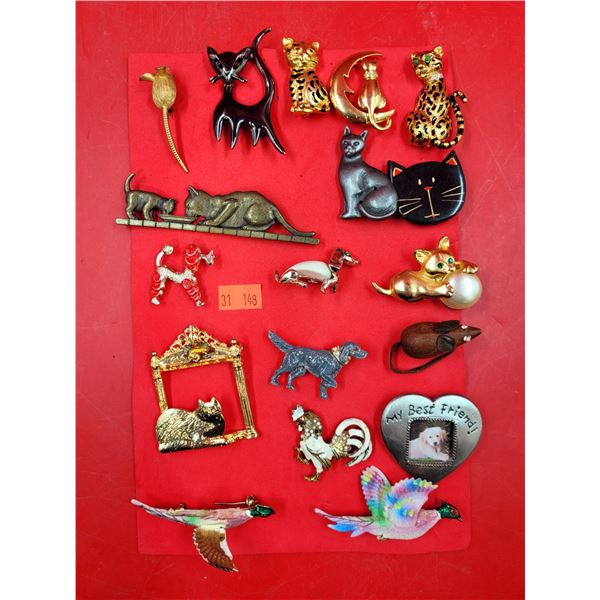 Lot of Assorted Animal Brooches w/ Cats, Dogs, Birds, & More