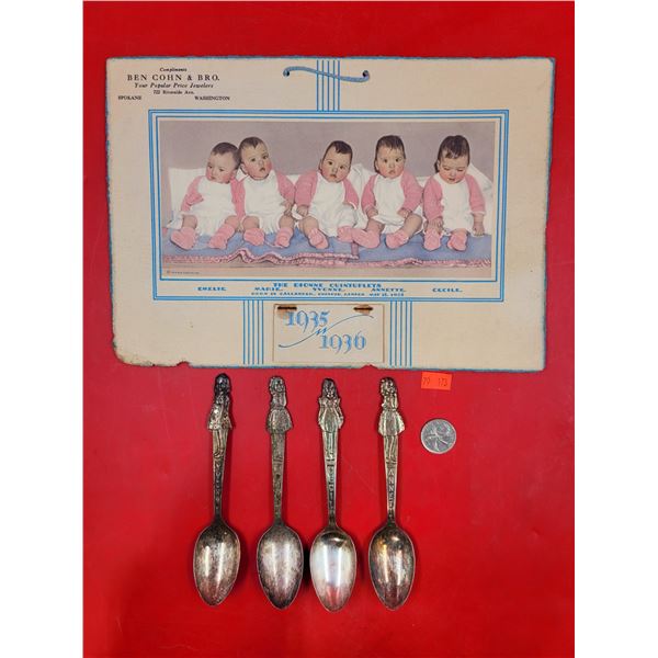 1935 Dionne Quintuplets Calendar & 4 Dionne Spoons