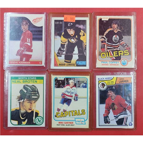 6 Hockey Cards w/ Coffey, Lemieux, Larmer, & More