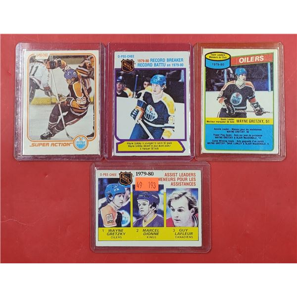 3 Wayne Gretzky Hockey Cards & Gretzky/Dionne/Lafleur Card