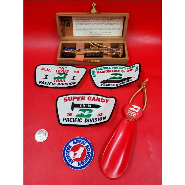 Railway Collectibles Lot w/ Patches, Bottle Opener Railroad Spike, & More