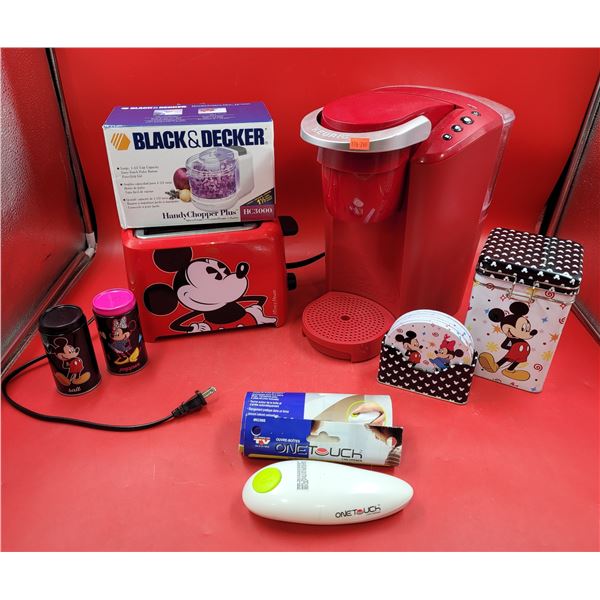 Kitchen & Home Lot w/ Red Keurig, Chopper, Mickey Mouse Toaster, One Touch Can Opener, & More