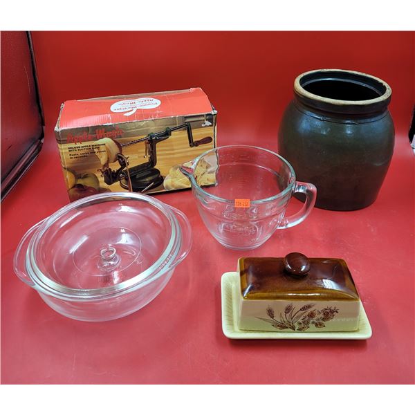 Home & Kitchen Lot w/ Stoneware Butter Dish, Apple Machine, Pampered Chef Measuring Cup, & More