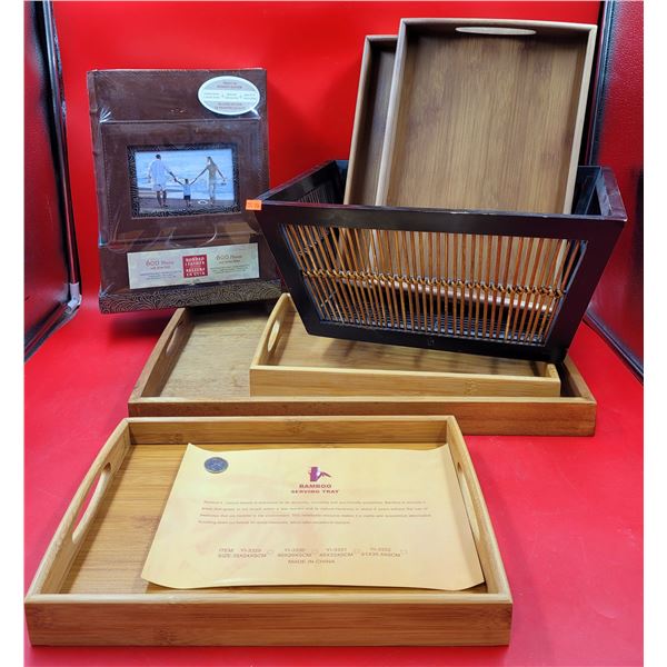 Serving Trays, Basket, & Leather Photo Albums