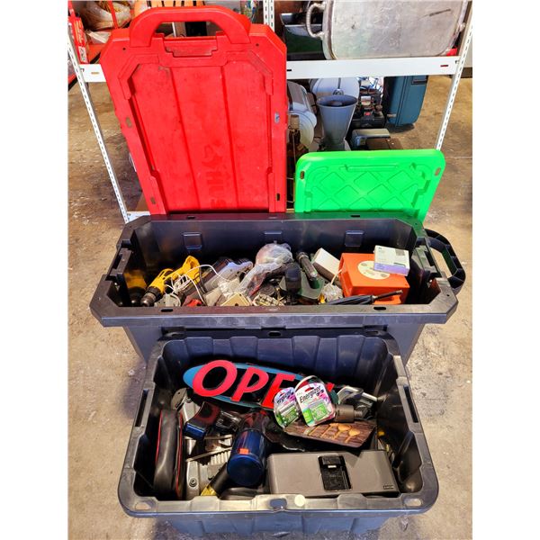 2 Large Bins of Mixed Electronics w/ Open Sign, Energizer Batteries, Microphone, & More