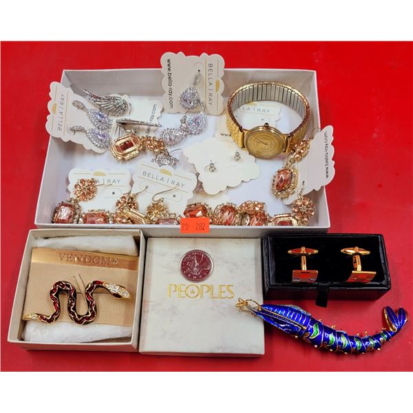 Assorted Costume Jewelry w/ Brooch, Watch, Earrings, & More