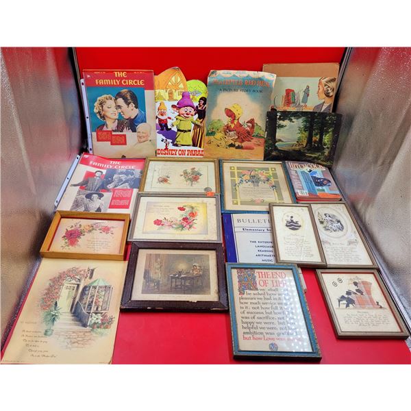 VTG Magazine & Framed Prints Lot w/ Little Red Hen Picture Book, The Family Circle Magazine, & More