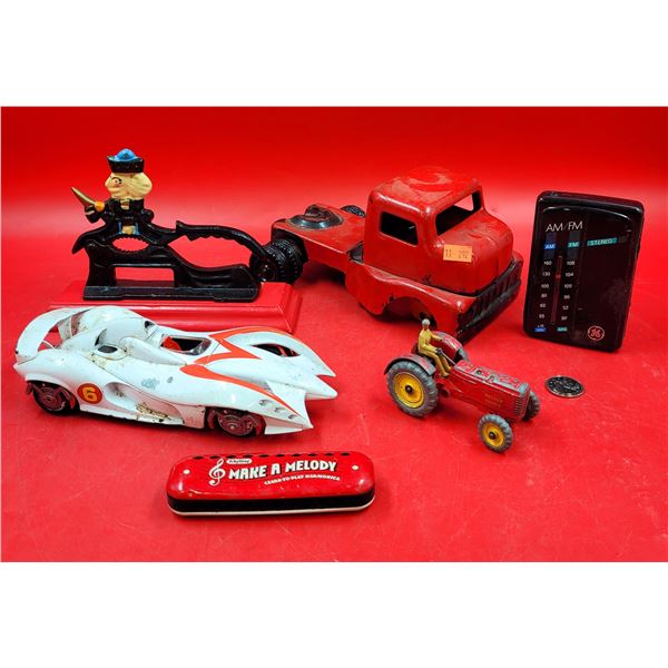 VTG Cast Iron Nutcracker, Portable Radio, Harmonica, & Toy Vehicles (Pressed Steel/Diecast)