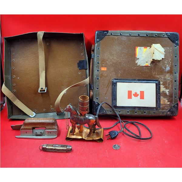 VTG Lot w/ Reel-to-Reel Case, Horse Lamp, Pocket Knife, & Woodworking Tool