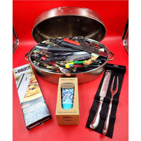 Kitchen Lot w/ Assorted Utensils, Bamboo Orca Family Mug, & Pizza Chopper