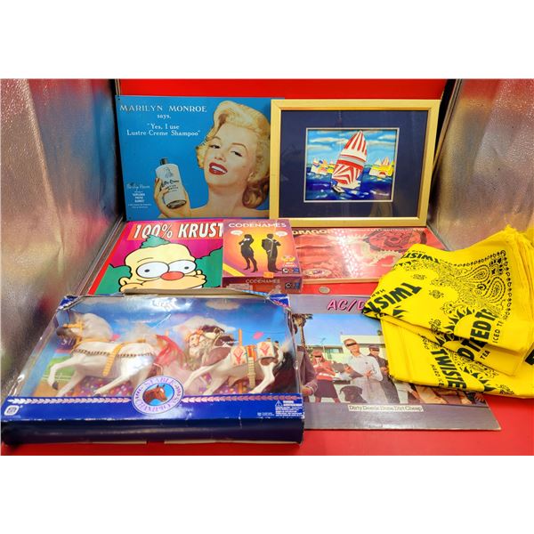 Miscellaneous Lot w/ Marilyn Monroe Shampoo Advertising, AC/DC Record, Dragon Woodcraft Kit, & More