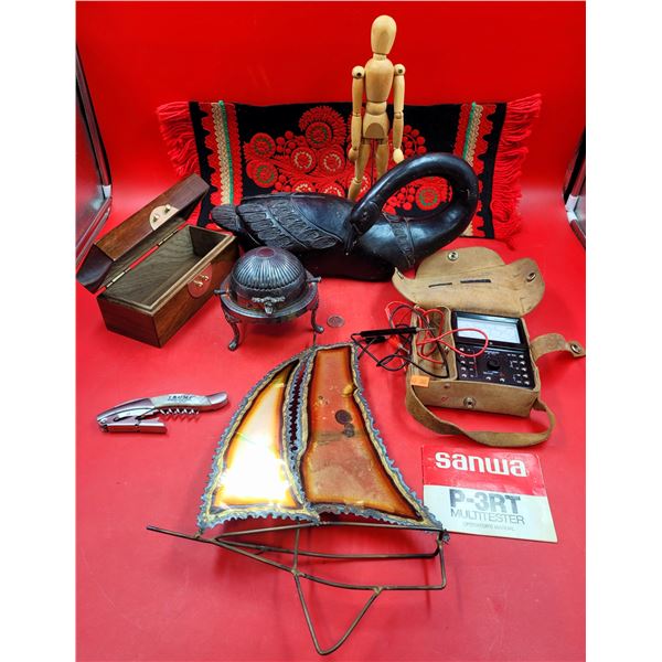 VTG Lot w/ Metal Lidded Ashtray, Goose Decor, Metal Art, & More