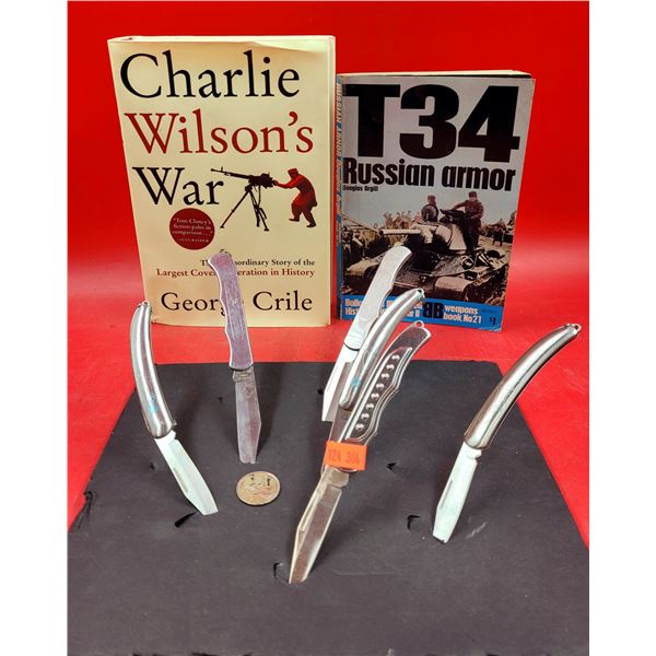 Lot of Assorted Pocket Knives & 2 War/Armor Books