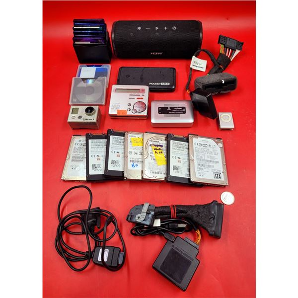 Electronics Lot w/ Hard Disk Drives, Portable Speaker, MD Walkman, & More