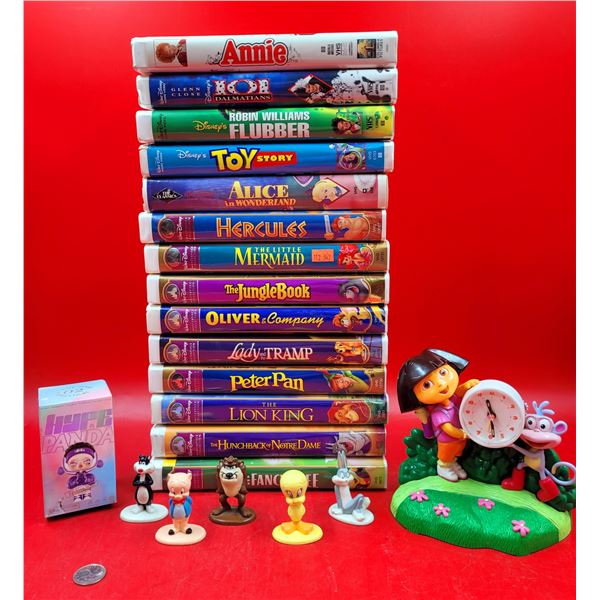 Children's VHSs, 1987 Arby's Looney Tunes Figures, Pop Mart Blind Box, & Dora Clock