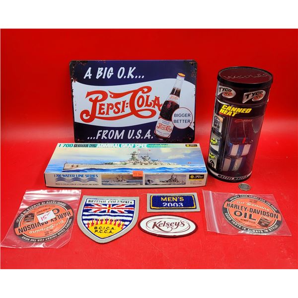 Collectibles Lot w/ Pepsi-Cola Sign, Ship Model Kit, RC Car, & Harley-Davidson Oil Coasters, & More