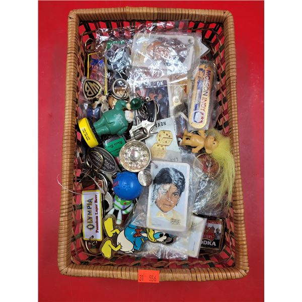 Tray of Assorted Key Chains w/ Michael Jackson, Donald Duck, Mr. Lucky, & More