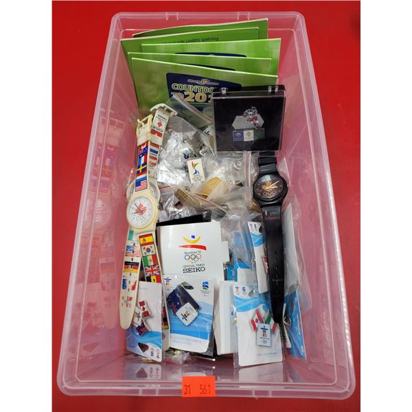 Bin of Olympic Pins & Watches
