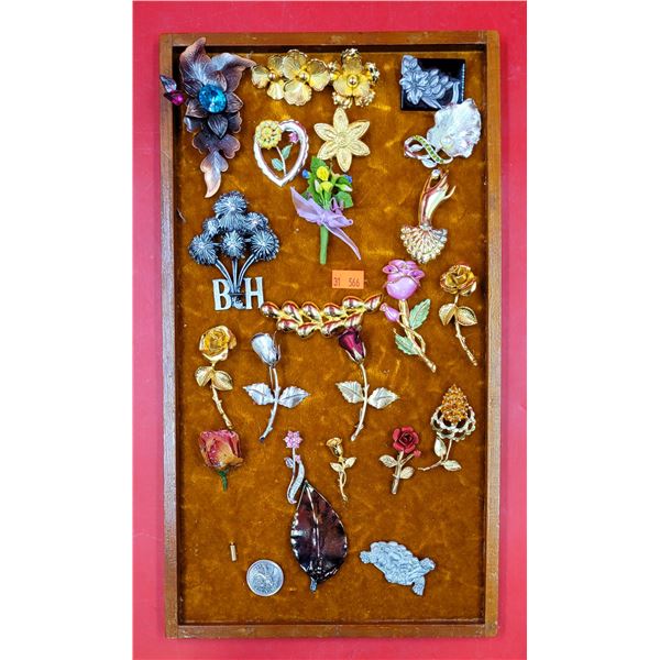 Tray of VTG Flower Brooches