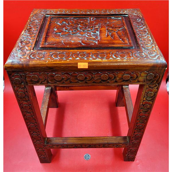 Carved Wooden Plant Stand w/ Floral Design