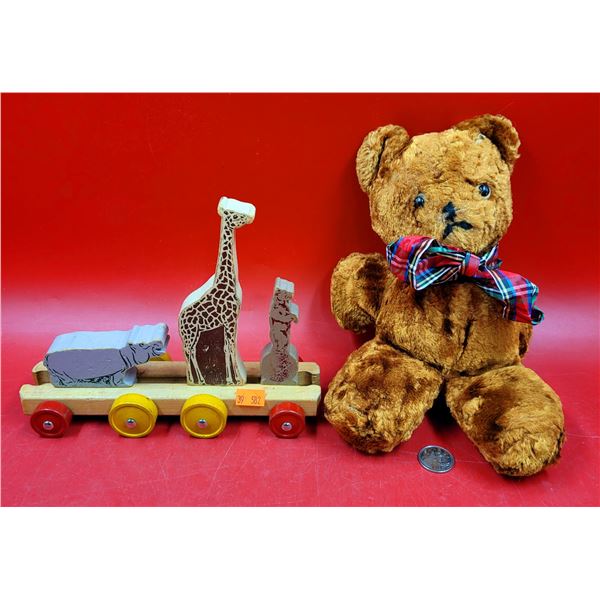 VTG Teddy Bear & Wooden Animal Pull Toy