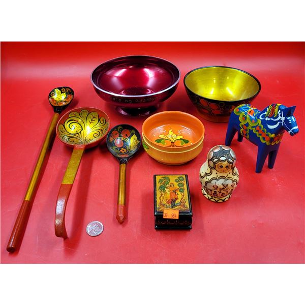 Wooden Lot w/ Hand-Painted Horse, Nesting Doll, Trinket Box, & More