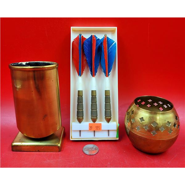 VTG Three Unicorn Feathered Brass Dart Set, Brass Candleholder, & Brass Pen Holder