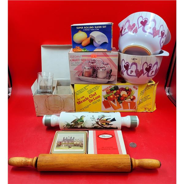 Home & Kitchen Lot w/ 2 Rolling Pins, Cruet Set Salt/Pepper/Napkin Holder, Coasters, & More