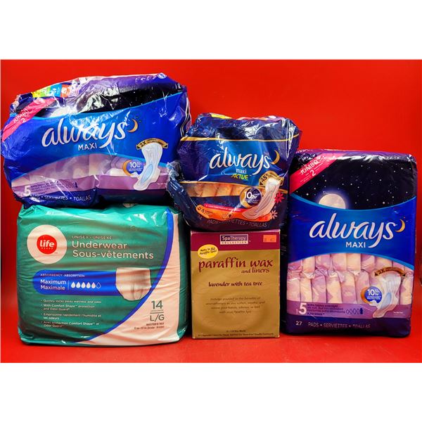 Lot of Always Maxi Pads, Paraffin Wax, & Adult Absorbent Underwear
