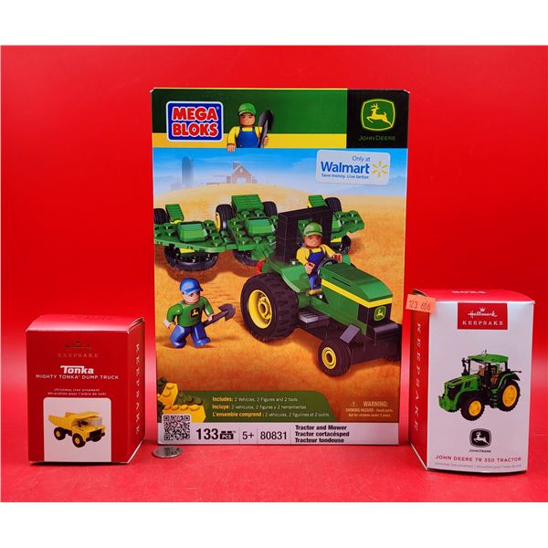 John Deere Mega Bloks Set, Hallmark Tonka Ornament, & Hallmark John Deere Ornament