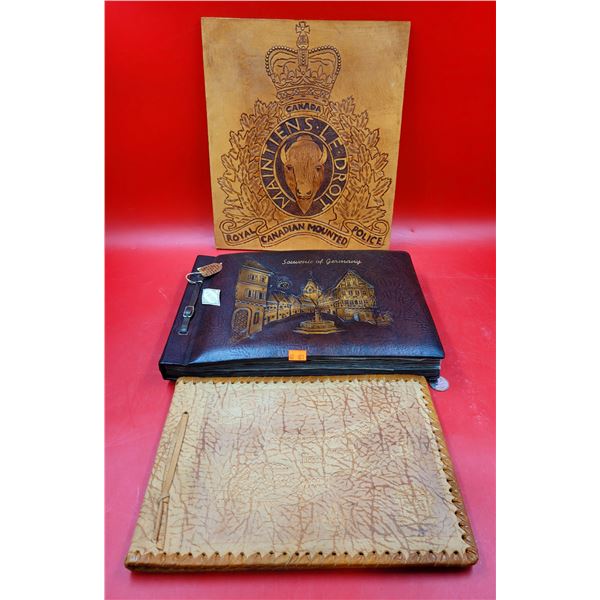 2 VTG Leather Photo Albums & Leather RCMP Wall Hanging