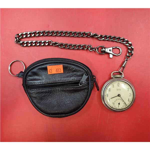 West Clox Pocket Watch Made in Canada w/ Leather Keychain Pouch