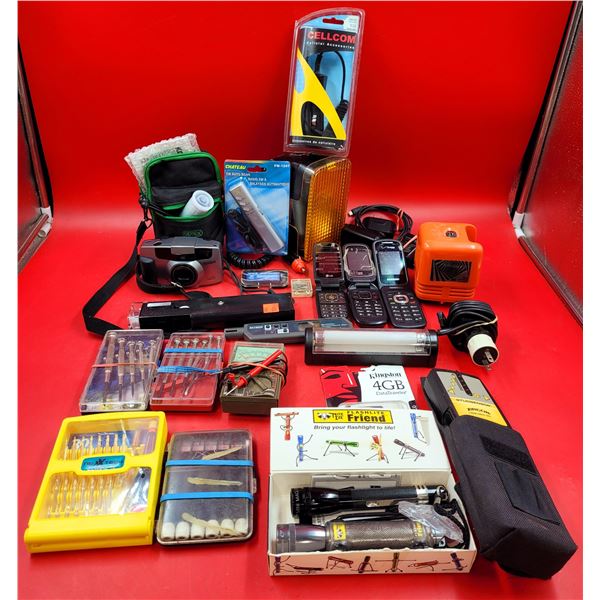 Electronics & Tool Lot w/ Flashlight, Flip Phones, Screwdriver Kit, & More