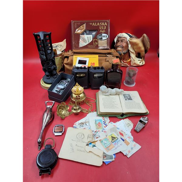 Collectibles Lot w/ Alakan Ulu, Stamps, Rocky Mountain Butter Hide Pouch Made in Canada, & More