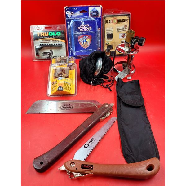 Camping & Hunting Lot w/ Folding Saws, Lantern, Archery Bow Accessory Mount, & More