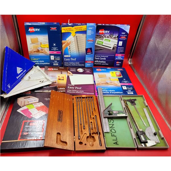 Lot of Labels (Shipping, Mailing, etc.), Tent Cards, & Measuring Tools