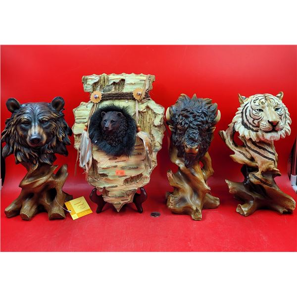 Resin Nature Sculpture Lot w/ Tiger, Bear, & Bison