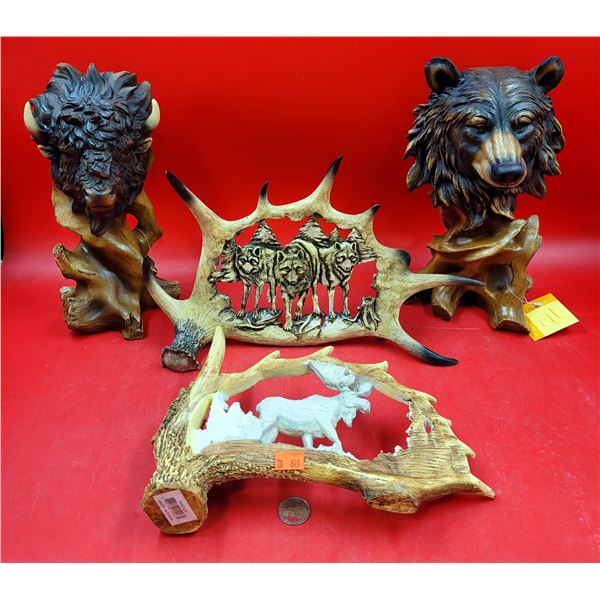 Resin Nature Sculpture Lot w/ Antler Carvings, Bison Sculpture, & Bear Sculpture