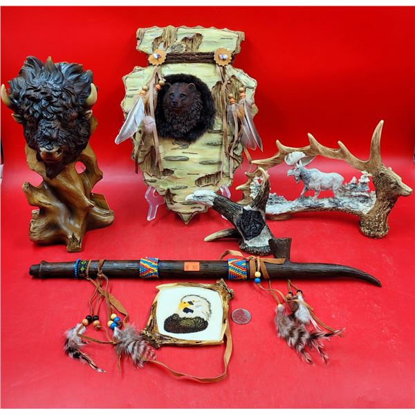 Lot of Resin Nature Sculptures w/ Antler Carving, Eagle, Bison, & More