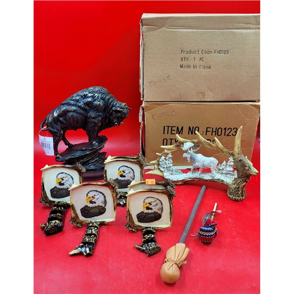 Lot of Resin Nature Sculptures & Coasters w/ Bison, Eagle Coasters, Antler Carving, & More