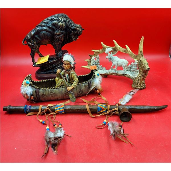 Lot of Resin Nature Sculptures w/ Bison, Antler Carving, & More