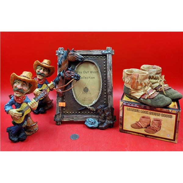 Lot of Resin Western Decor w/ Picture Frame, Leather Look Moccasins, & More