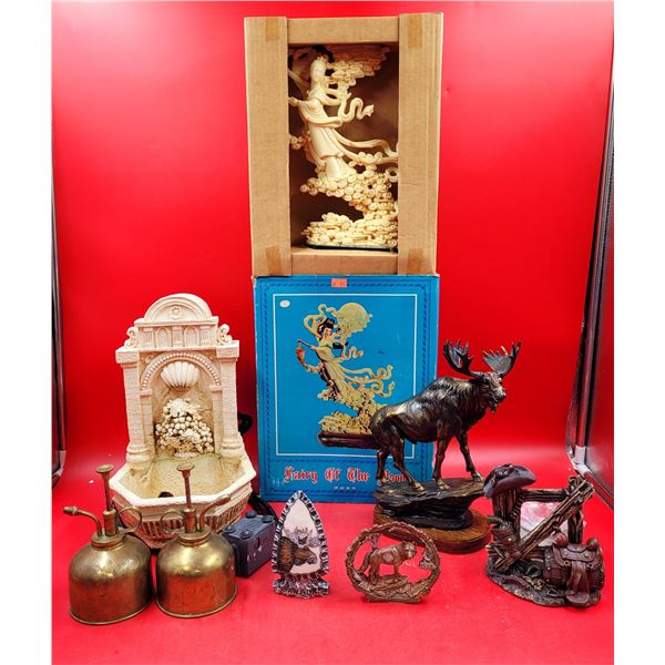 Lot of Home Decor w/ Resin Moose Sculpture, Fairy of The Moon, Brass Plant Misters, & More