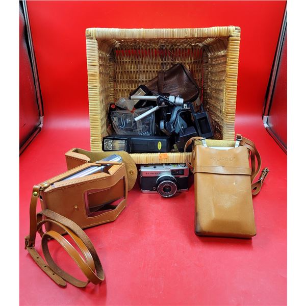 VTG Camera & Accessory Lot w/ Tripod, Olympus Trip Camera, Polaroid Camera, & More